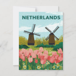 Vintage Niederlande Windmühlen Tulips Blume Travel Postkarte