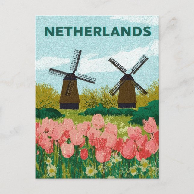 Vintage Niederlande Windmühlen Tulips Blume Travel Postkarte (Vorderseite)