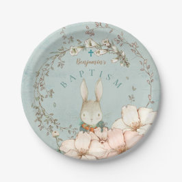 Vintage Niedliche Bunny Botanical Boy Green Taufe Pappteller