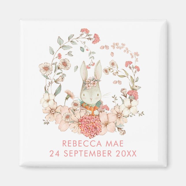 Vintage Niedliche Bunny Botanicals Name Geburtsdat Magnet (Vorne)