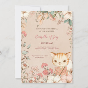Vintage Niedliche Cat Foto Blume Baby Girl Birth Ankündigung
