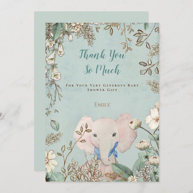 Vintage Niedliche Elephant Botanical Green Baby Du Dankeskarte (Vorne/Hinten)