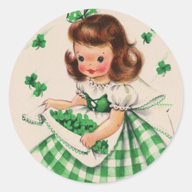 Vintage Niedliche Girl Kleeblatt St Patrick's Day  Runder Aufkleber (Vorderseite)