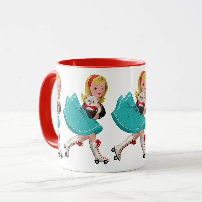 Vintage Niedliche Girl-Skaten mit Katze: Whimsical Tasse (Vorderseite Links)