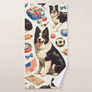 Vintage Niedliche Grenz-Collie-Illustration Badehandtuch