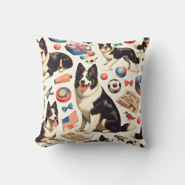 Vintage Niedliche Grenz-Collie-Illustration Kissen (Vorderseite)