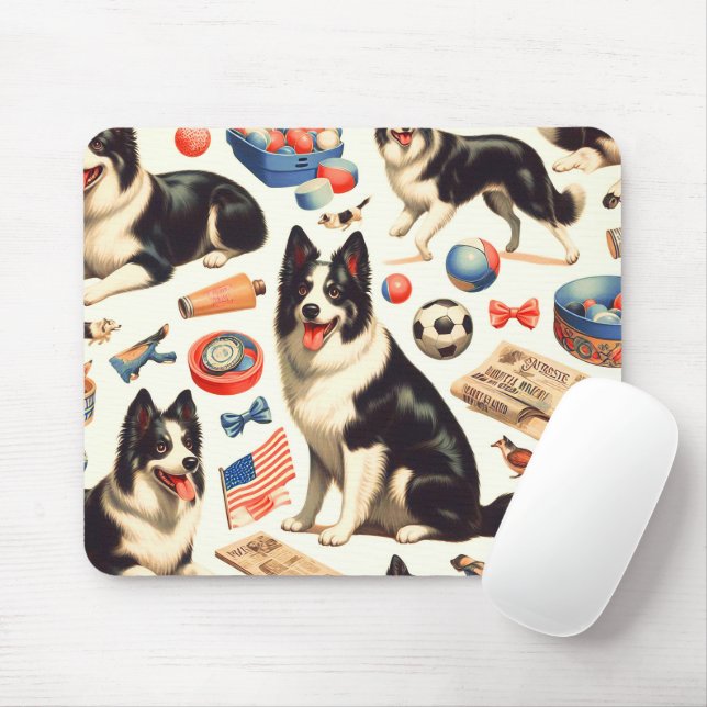 Vintage Niedliche Grenz-Collie-Illustration Mousepad (Mit Mouse)