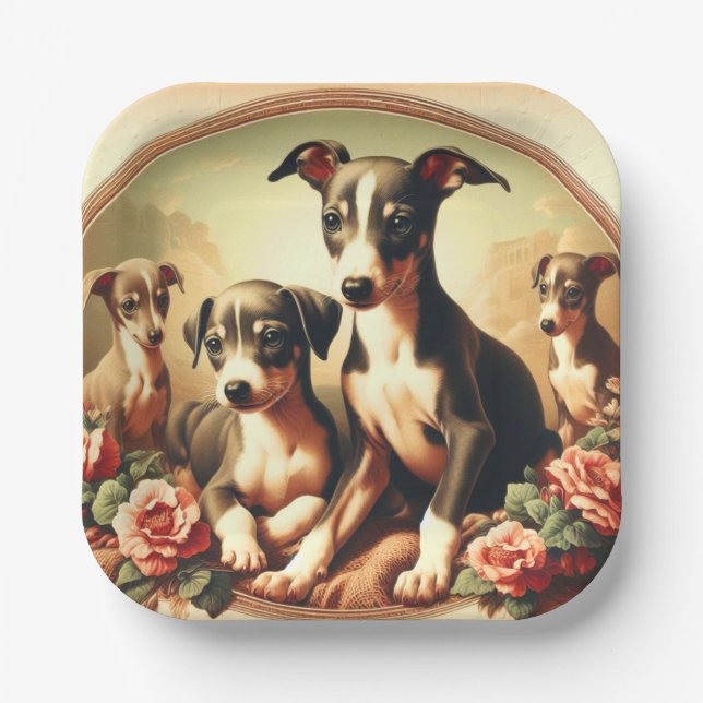 Vintage Niedliche Greyhound-Malerei Pappteller (Vorderseite)