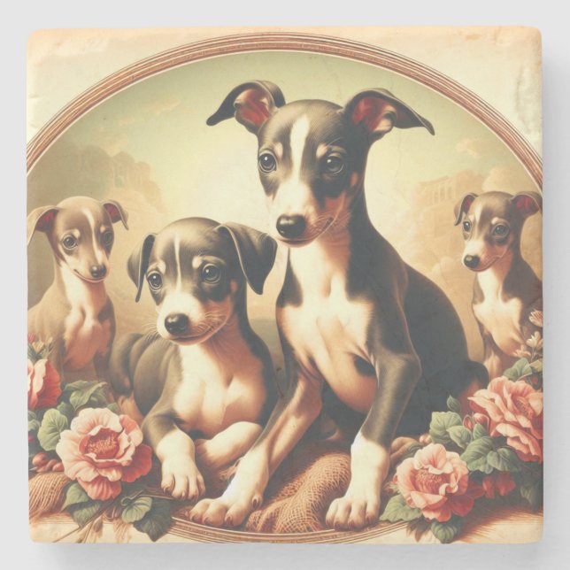 Vintage Niedliche Greyhound-Malerei Steinuntersetzer (Vorderseite)
