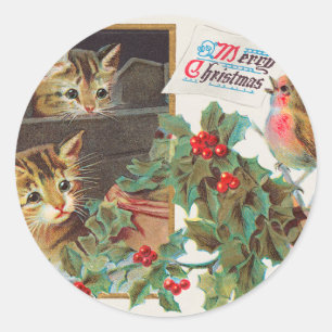 Vintage Niedliche Katzen und Vögel Frohen Weihnach Runder Aufkleber