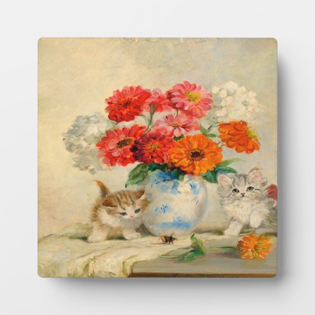 Vintage Niedliche Kitten Meta Plückebaum Ölgemälde Fotoplatte (Vorderseite)