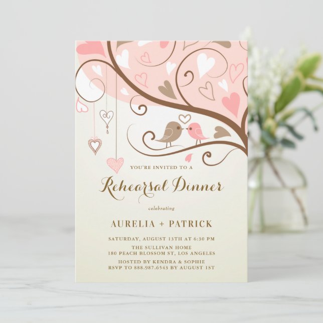 Vintage Niedliche Lovebirts Rosa Probe Abendessen Einladung (Stehend Vorderseite)