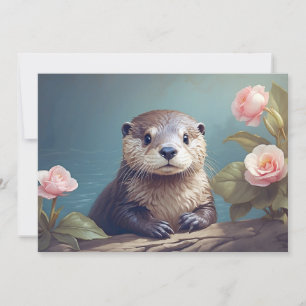 Vintage Niedliche Otter Cub Rose Portrait Zeitlose Feiertagskarte