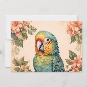 Vintage Niedliche Parakeet Budgie Portrait Blume Feiertagskarte