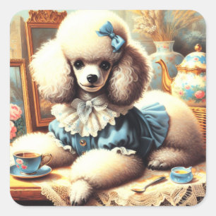 Vintage Niedliche Poodle-Malerei Quadratischer Aufkleber