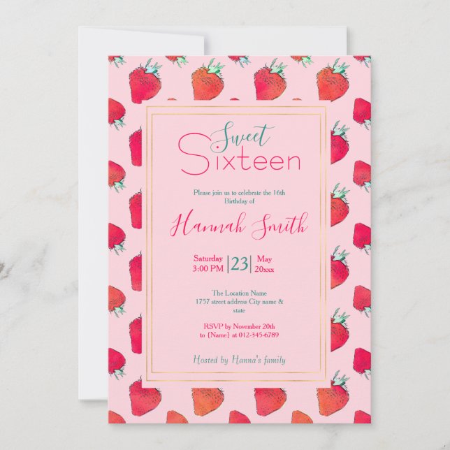 Vintage Niedliche Rote Erdbeeren Giralrosa Muster Einladung (Vorderseite)