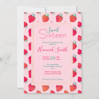 Vintage Niedliche Rote Erdbeeren Giralrosa Muster Einladung