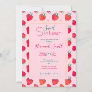 Vintage Niedliche Rote Erdbeeren Girly Pink Muster Einladung