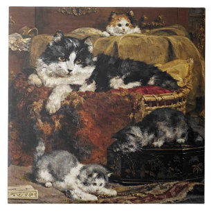 Vintage Niedliche Schwarz-Weiß-Katze mit Kätzchen Fliese