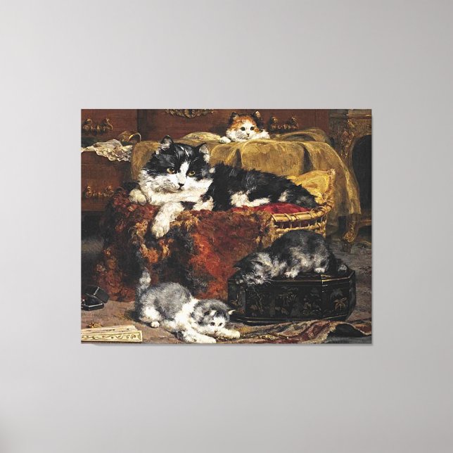 Vintage Niedliche Schwarz-Weiß-Katze mit Kätzchen Leinwanddruck (Vorderseite)