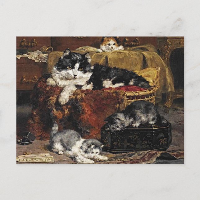 Vintage Niedliche Schwarz-Weiß-Katze mit Kätzchen Postkarte (Vorderseite)