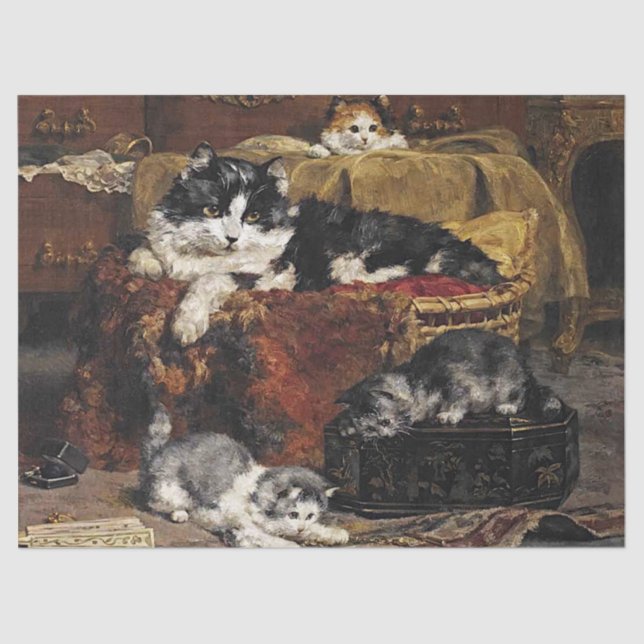 Vintage Niedliche Schwarz-Weiß-Katze mit Kätzchen Seidenpapier (Vorderseite)