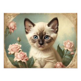 Vintage Niedliche Siam Kitten Portrait Blume Sweet Fotodruck