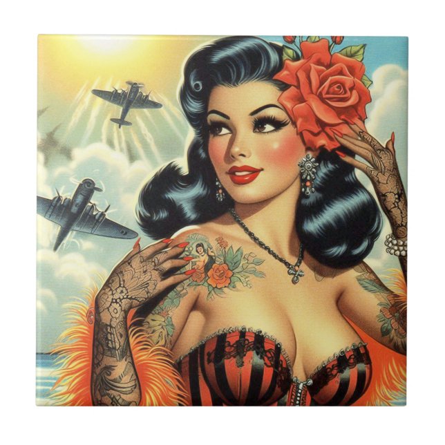 Vintage Niedliche Tattoo Girl Fliese (Vorderseite)