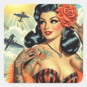 Vintage Niedliche Tattoo Girl Quadratischer Aufkleber