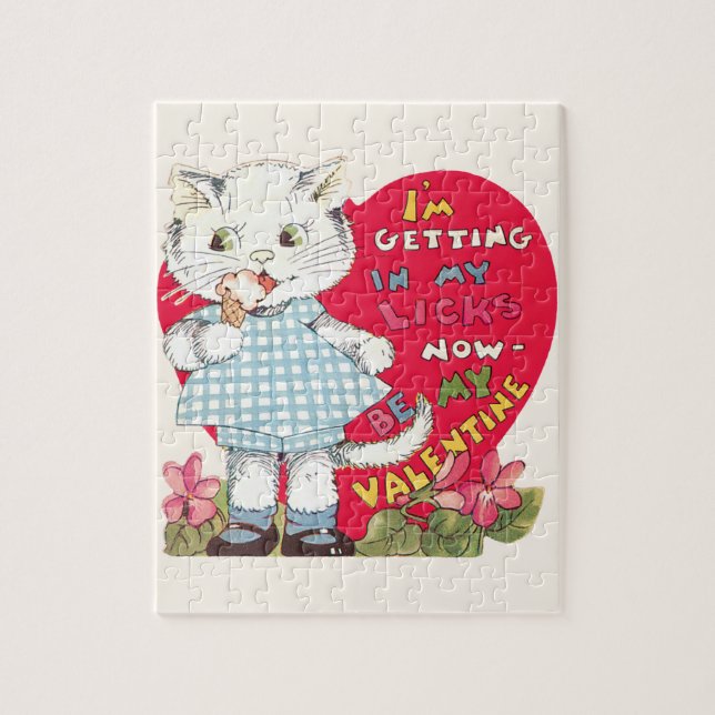 Vintage Niedliche Valentinstag Katze lecken Eiscre Puzzle (Vertikal)