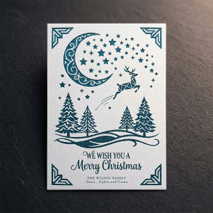Vintage Nordic Rentier Mond Weihnachtsgruß Feiertagskarte