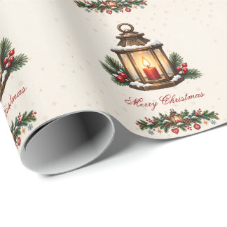 Vintage-Nordische-Weihnachtslaterne mit Immergrün- Geschenkpapier