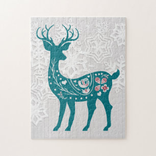 Vintage nordischer Elchhirsch mit Schneeflocken Puzzle
