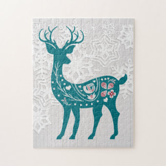 Vintage nordischer Elchhirsch mit Schneeflocken Puzzle