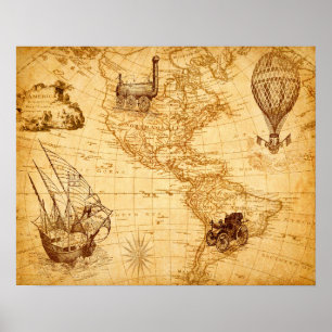 Vintage North and South America Map Poster