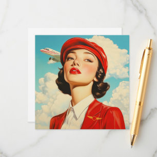 Vintage Note Card mit Stewardess und Flugzeug Hinweiskarte