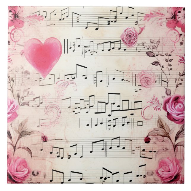 Vintage Noten und Rose Fliese (Vorderseite)