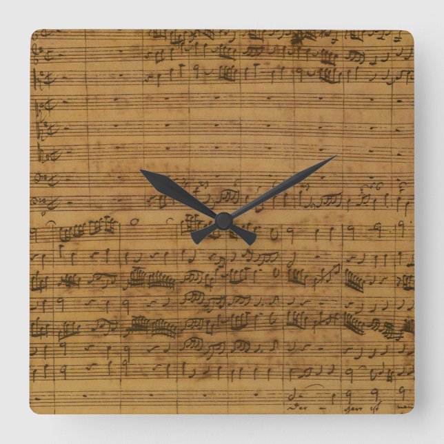 Vintage Noten von Johann Sebastian Bach Quadratische Wanduhr (Vorderseite)
