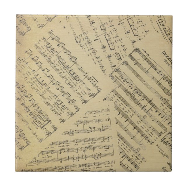Vintage Notenblatt-Muster Musiker  Fliese (Vorderseite)