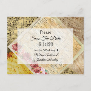 Vintage Notenblätter & Rose Save-the-Date-Postkart Ankündigungspostkarte