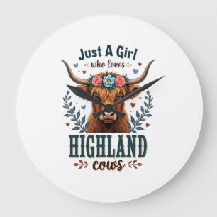 Vintage Nur ein Mädchen, das Highland-Kühe floral Große Wanduhr