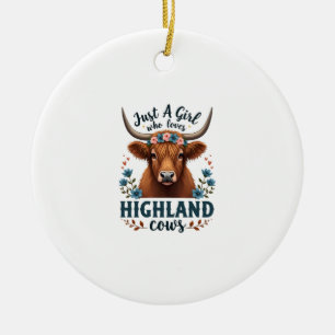 Vintage Nur ein Mädchen, das Highland-Kühe floral Keramik Ornament