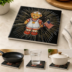 Vintage-Nurse-Bär mit modernen weißen Feuerwerken Fliese