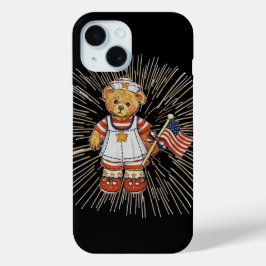 Vintage Nurse Bear with Modern White Fireworks iPhone 15 Hülle