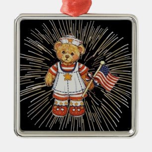 Vintage Nurse Bear with Modern White Fireworks Ornament Aus Metall