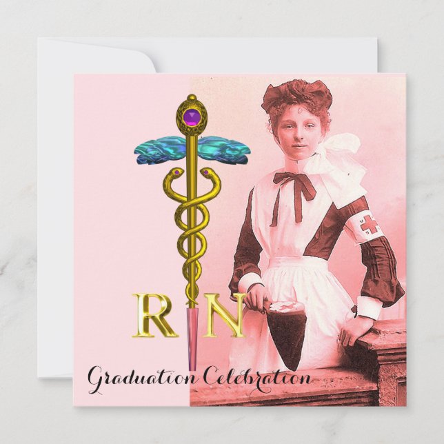 VINTAGE NURSE und Gold Caduceus Emblem Abschluss Einladung (Vorderseite)