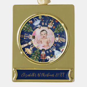 Vintage Nussknacker Baby 1. Weihnachten Foto Banner-Ornament Gold