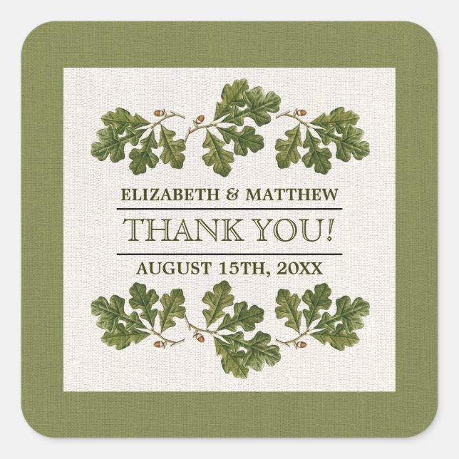 Vintage Oak Blätter Burlap Wedding Danke Quadratischer Aufkleber (Vorderseite)
