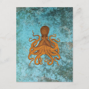 Vintage Octopus-Illustration auf Türkis Postkarte