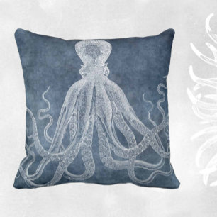Vintage Octopus Twilight Blue Denim Watercolor Kissen